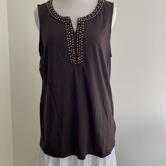 Dark brown tank top with beading accent by basic edition women’s large - Picture 1 of 8